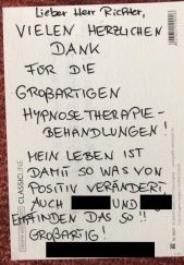 Karte mit Danksagung an Marco Richter, weil dieser eine erfolgreiche Hypnosetherapie in Bremen durchgeführt hat. Dies sagt ein Klient. Hypnose in Bremen bei Lebenskrisen.